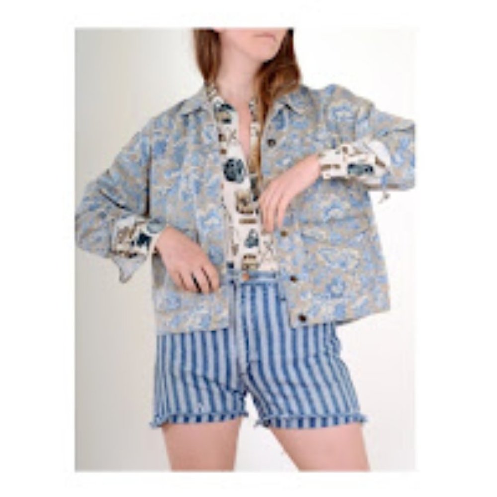 Vintage 90s Floral Boxy Jean Jacket Cropped Shacket Pockets by Liz Wear Trendy - Picture 8 of 11